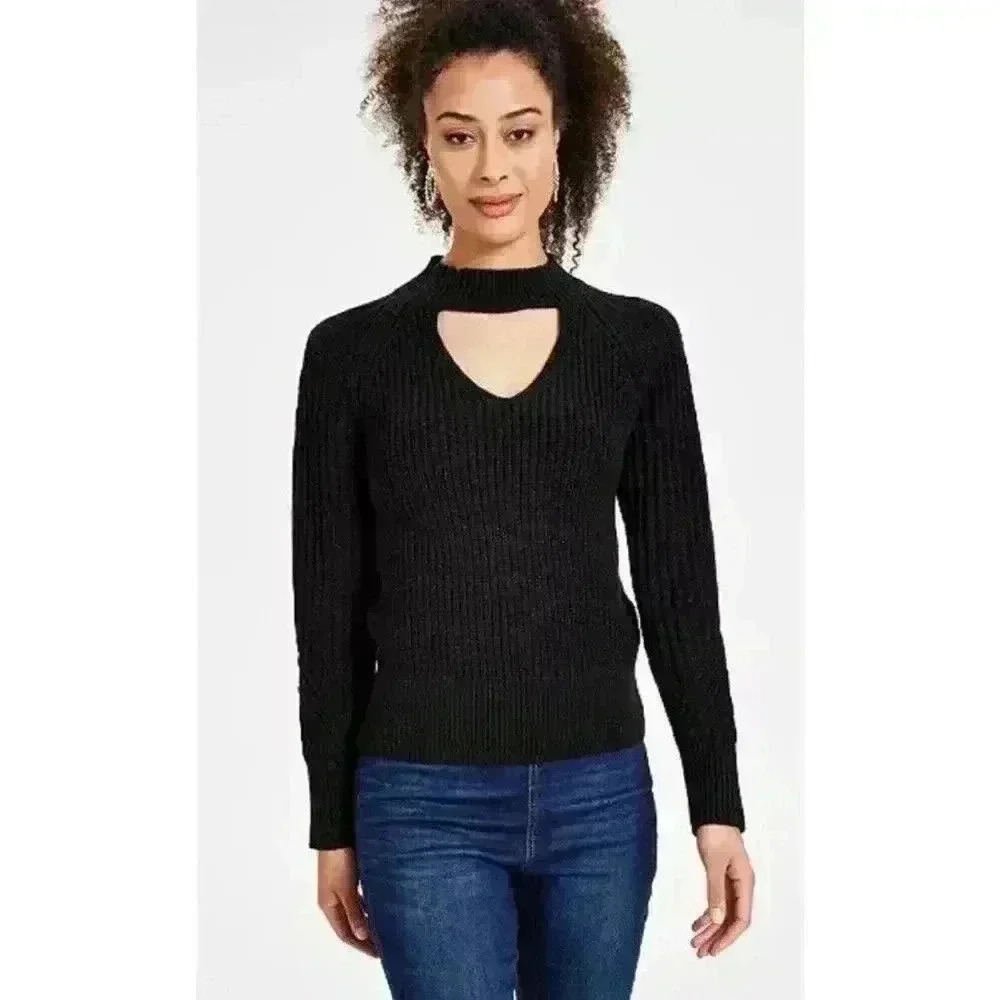 I.N.C International Concepts Ribbed Keyhole Cutout Sweater Black Size M New